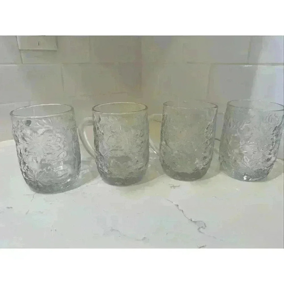 Princess House Fantasia Mugs Cups Poinsettia Crystal Clear Glass Coffee Set of 4 - Picture 1 of 13